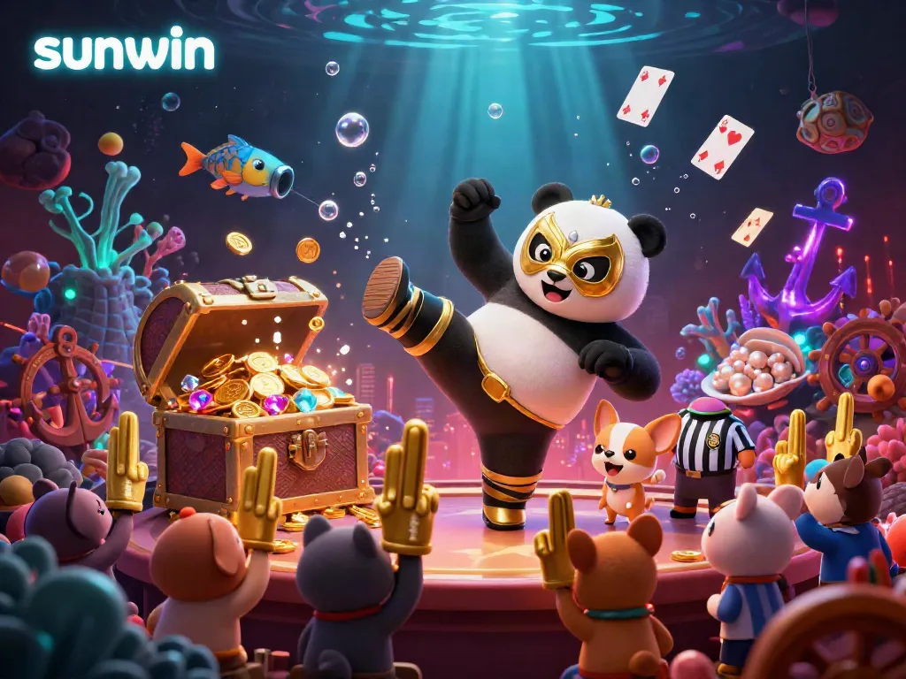 Experience the thrilling excitement of Sunwin with a vibrant casino scene showcasing a panda wrestler flying in action, surrounded by animal fans and treasure elements.