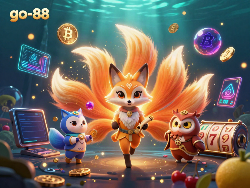 Experience the excitement of go-88 with vibrant slot games featuring a mystical fox spirit and wise owl amidst glowing coins.