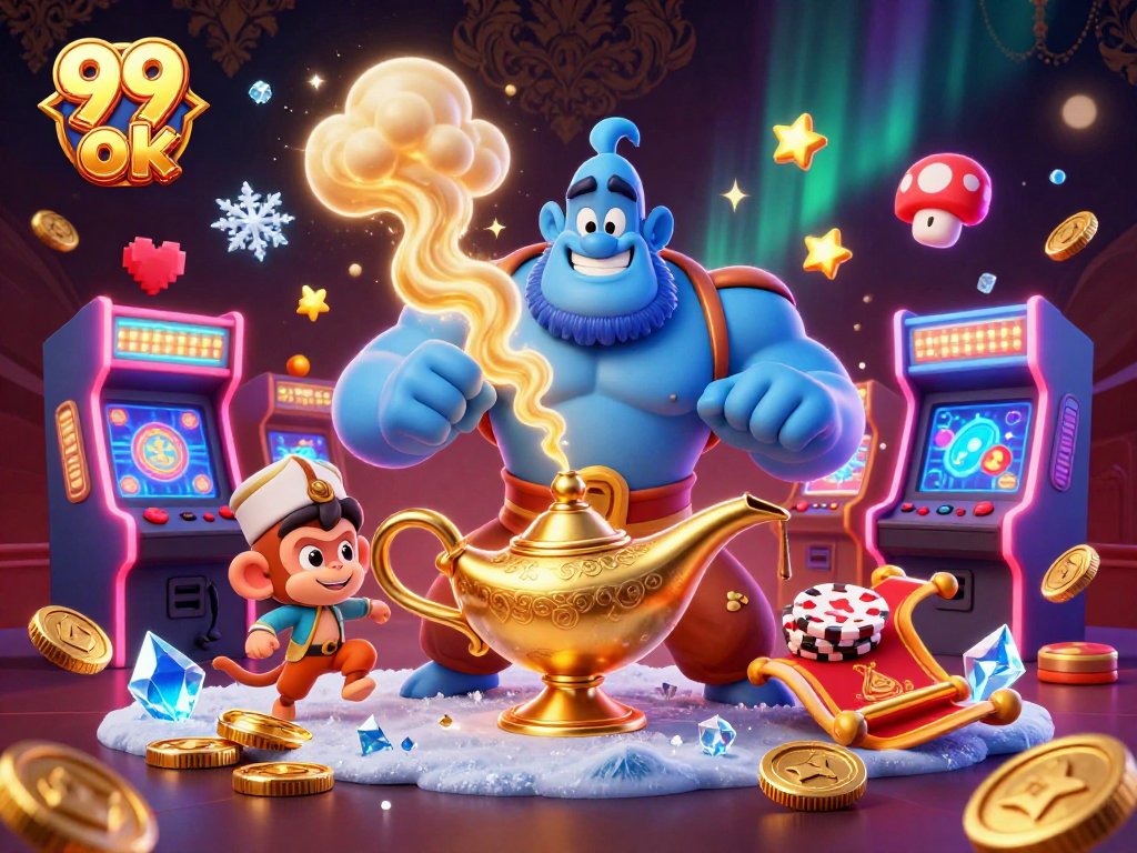 Experience thrills at 99 ok with an exciting scene featuring a genie, monkey, and magic carpet!