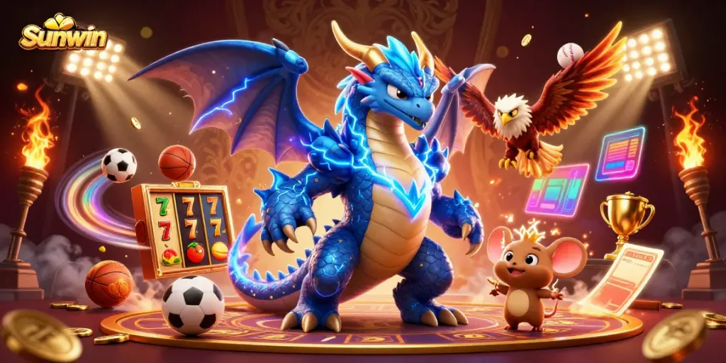 Engage with the thrilling world of Sunwin as vibrant slot reels and iconic casino elements come to life.