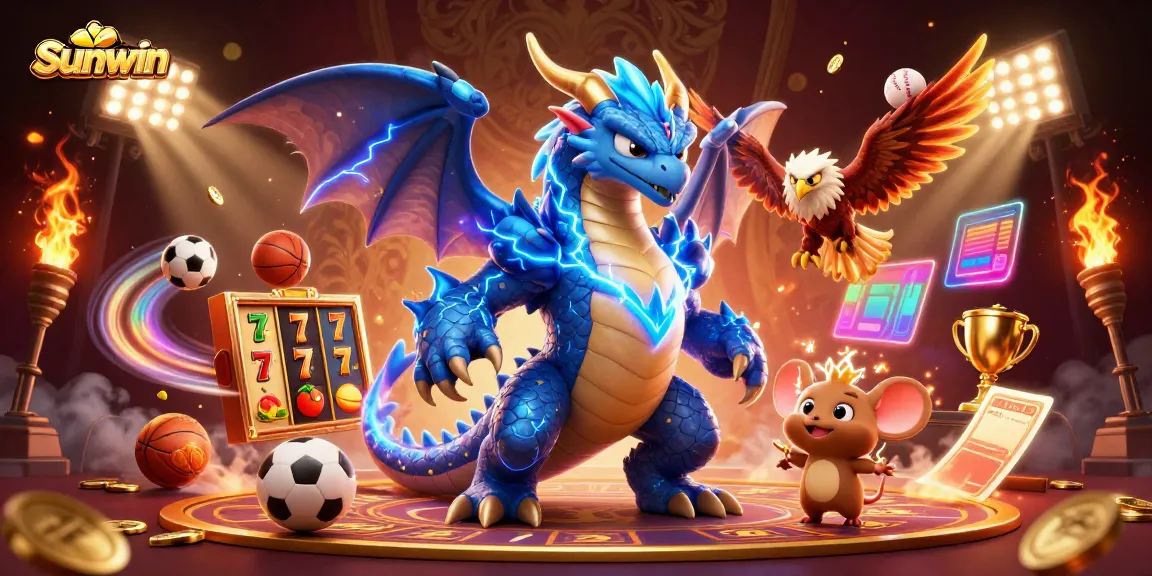Engage with the thrilling world of Sunwin as vibrant slot reels and iconic casino elements come to life.