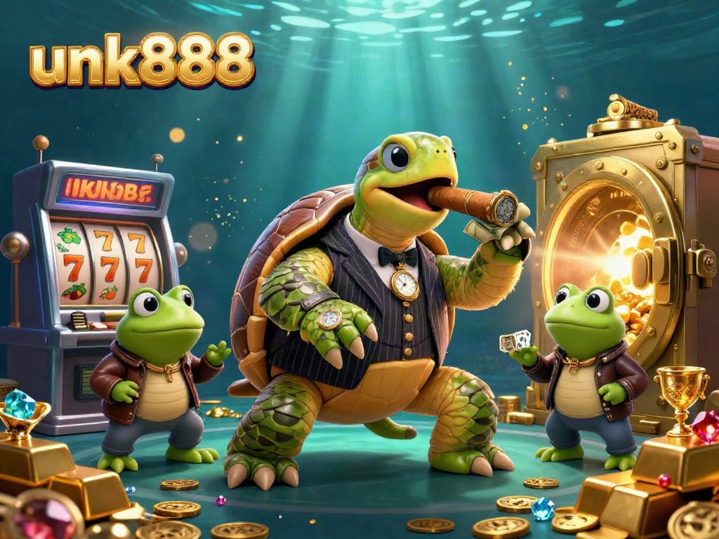 Experience thrilling gameplay at unk888 with a cartoon turtle mobster and dynamic casino elements.