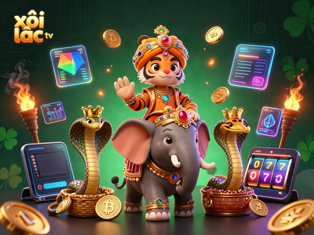 Experience thrilling gameplay with xôi lạc tv, featuring a vibrant scene with a maharaja tiger and treasure elements.