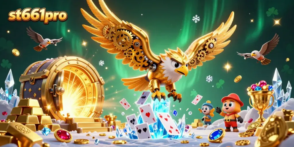 Experience thrilling wins at st666pro with dynamic holographic cards and treasures surrounding a golden eagle.