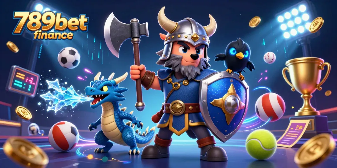Engaging the action at 789bet finance with a Viking warrior and sports elements in a vibrant digital scene.