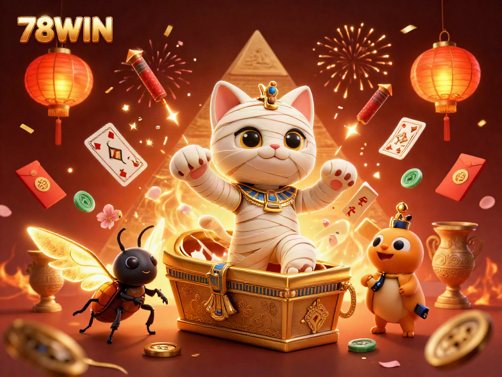 Cats and golden scarabs celebrate jackpot wins in 78WIN's vibrant casino.