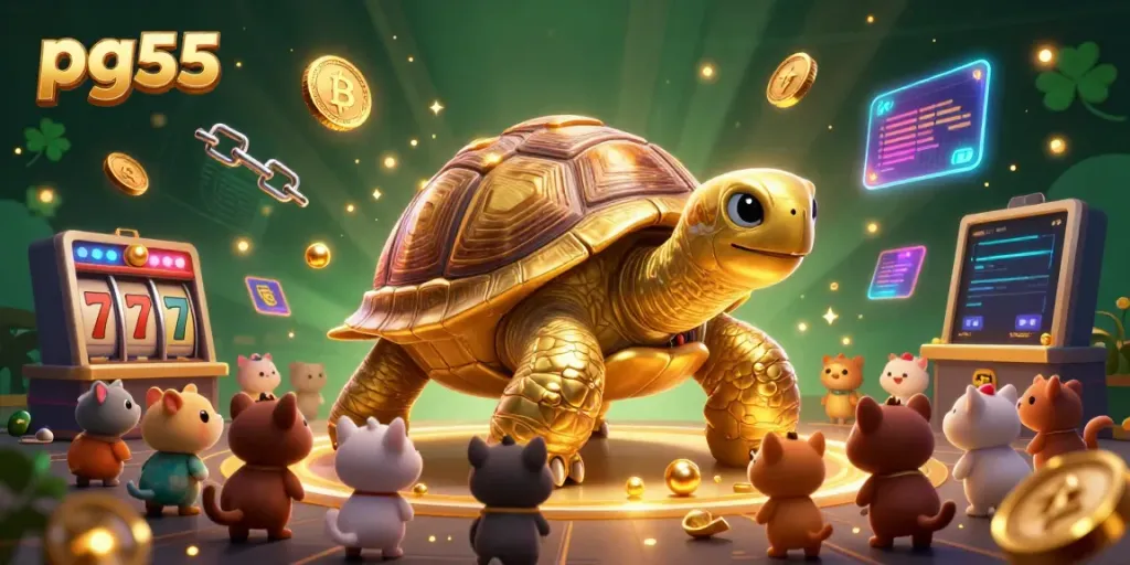 Engage with pg55’s exciting slots and jackpots in a whimsical casino scene featuring dynamic characters and vibrant game elements.