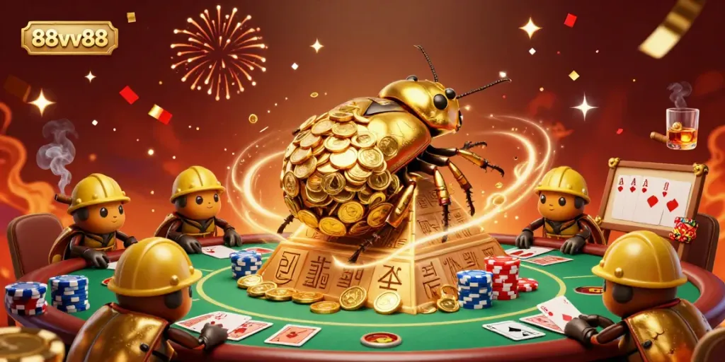 Engage with 88vv88 through a vibrant 3D casino scene featuring golden beetles and poker elements.