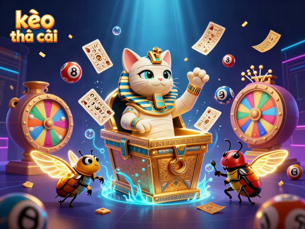 Engaging kèo nhà cái scene with a mummy cat and glowing scarab in a vibrant casino.