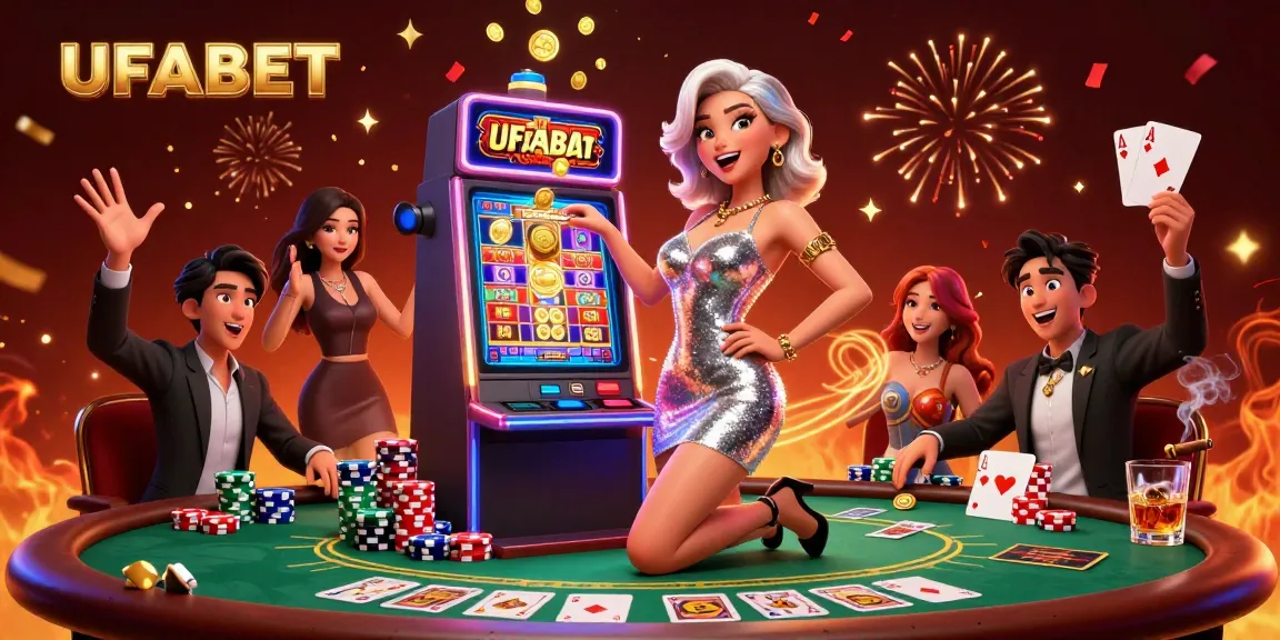 Play slots and win prizes with UFABET, depicted by a stunning woman celebrating a jackpot.