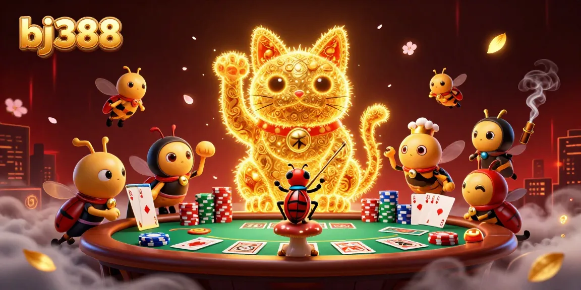 Experience thrilling gameplay at bj388 with a vibrant lucky cat symbolizing fortune amidst poker action.