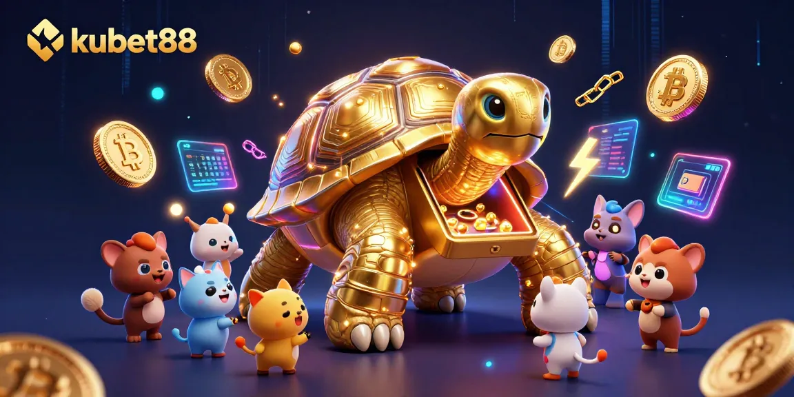 Engage with kubet88's vibrant casino environment featuring a golden tortoise and crypto elements.