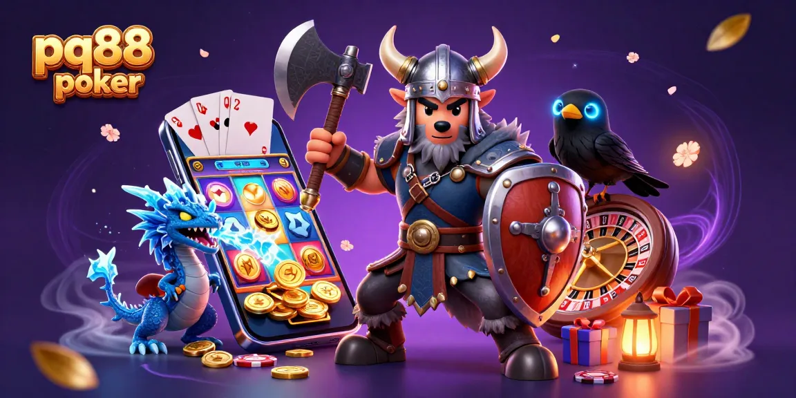 Engage with pq88 poker in an epic 3D scene featuring a Viking wolf warrior, dragon, and raven.