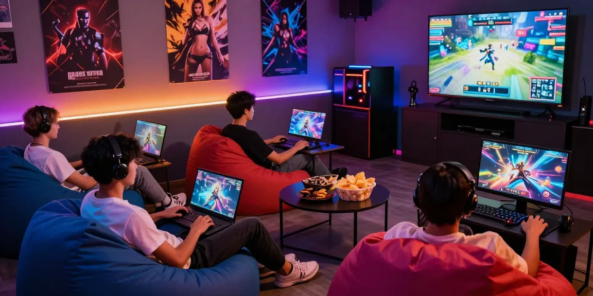 Play hentai games in a vibrant gaming lounge with players and dynamic visuals.