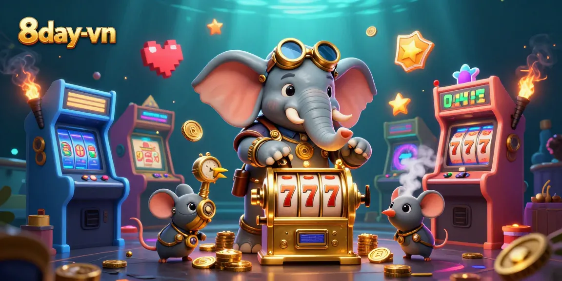 Engage with the vibrant world of 8day-vn through a dynamic 3D casino scene featuring slot machines and steampunk characters.