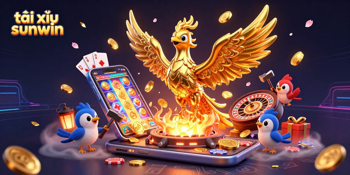 Engage in thrilling tài xỉu sunwin gameplay with a dynamic illustration of a golden phoenix and casino elements