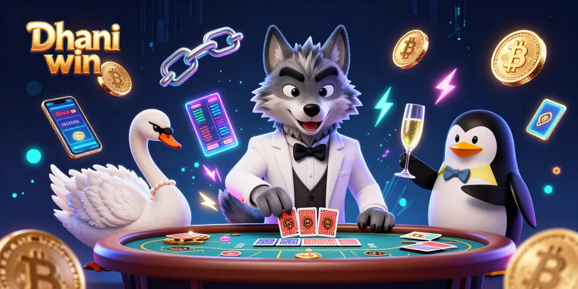 Dhani win showcases vibrant 3D characters enjoying a thrilling casino experience with card dealing and champagne.