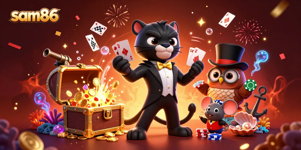 Experience thrilling gaming with sam86 as a stylish black panther dealers cards in a vibrant casino scene.