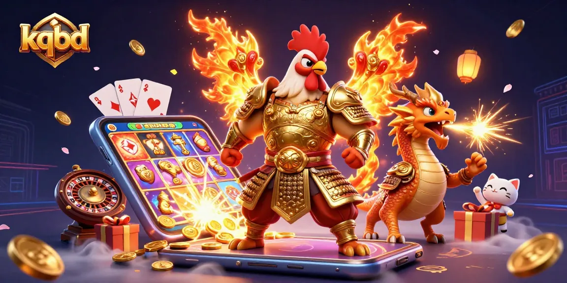 KQBD showcases a colorful playing scene with a fighting rooster warrior and a dragon hatchling among gambling elements.