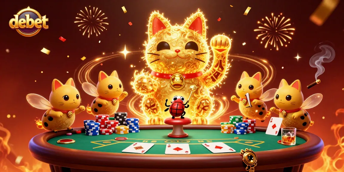 Experience debet's vibrant casino scene with a lucky cat and a conductor beetle amidst poker elements.