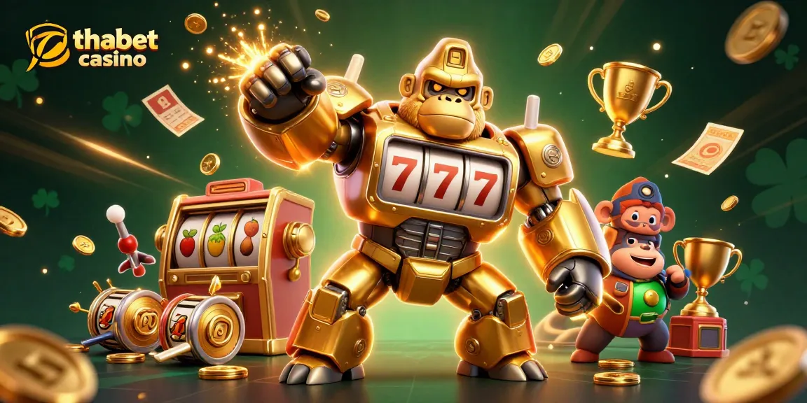 Experience thabet casino fun with a dynamic golden gorilla mech and spinning slots in action.