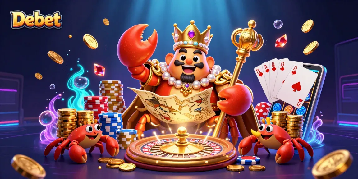 Bet on Debet with a golden crab emperor in a vibrant casino scene filled with colorful game elements.