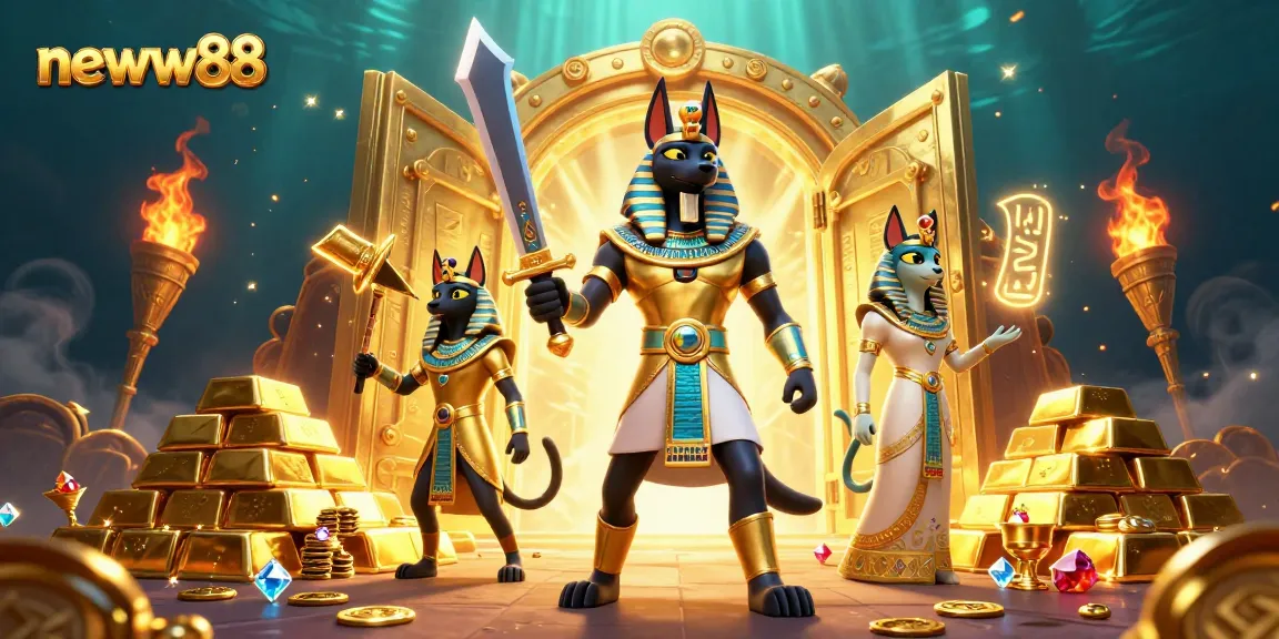 Immerse in neww88 casino excitement with Anubis holding treasure and glowing gems.