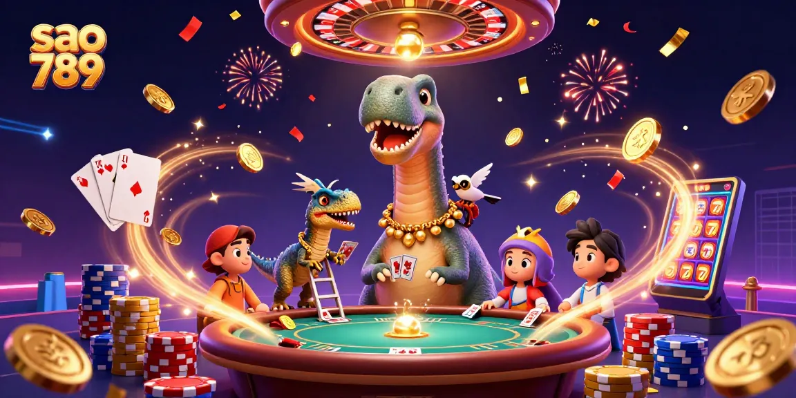 Sparkling gems and golden coins surround sao 789's playful dinosaurses in a vibrant casino scene.