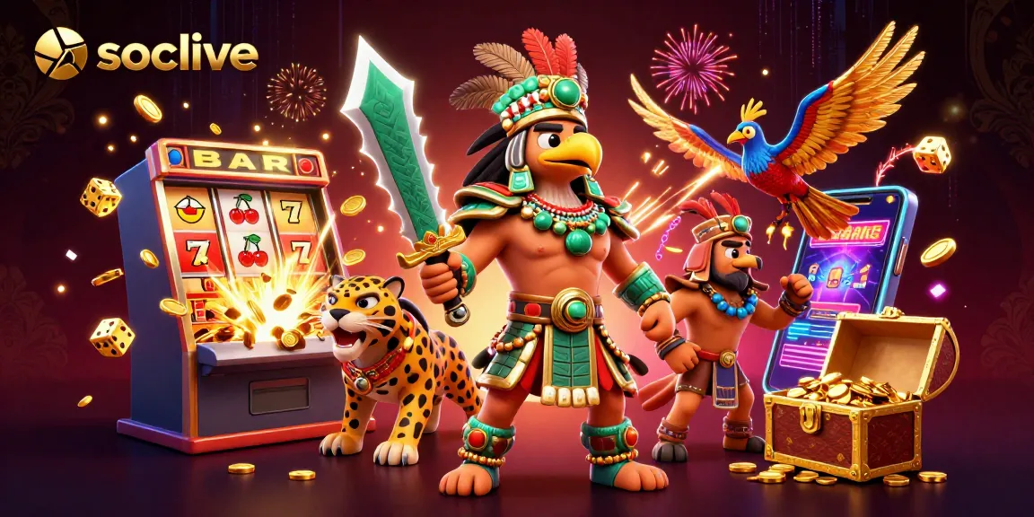 Socolive's animated Aztec warrior scene celebrates exhilarating casino excitement with vibrant colors and jackpot thrills.