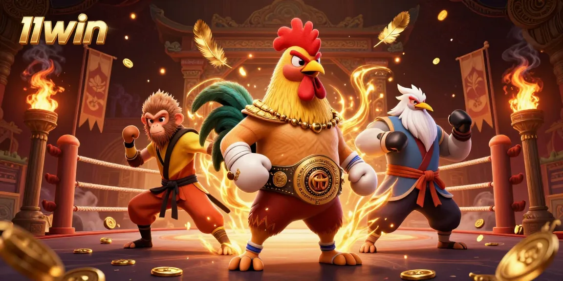 11WIN showcases a cartoon rooster, monkey, and crane inside a vibrant casino arena filled with gold coins.