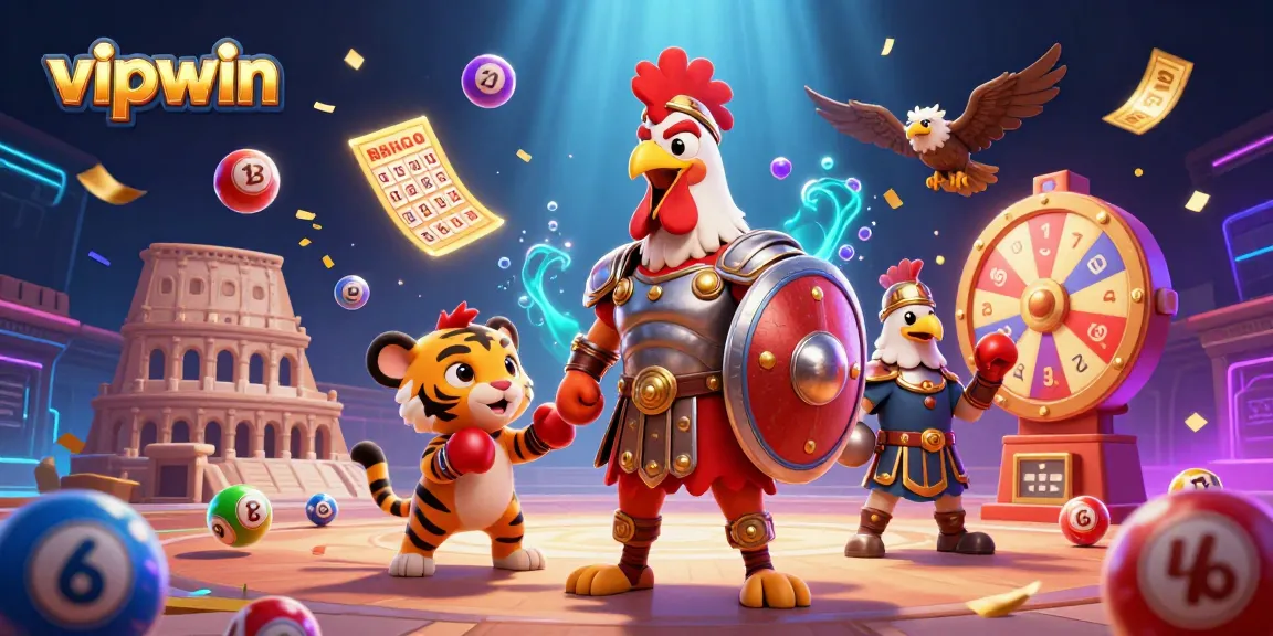 Engage in thrilling gameplay at vipwin with colorful elements like bouncing lottery balls and a dynamic rooster champion.