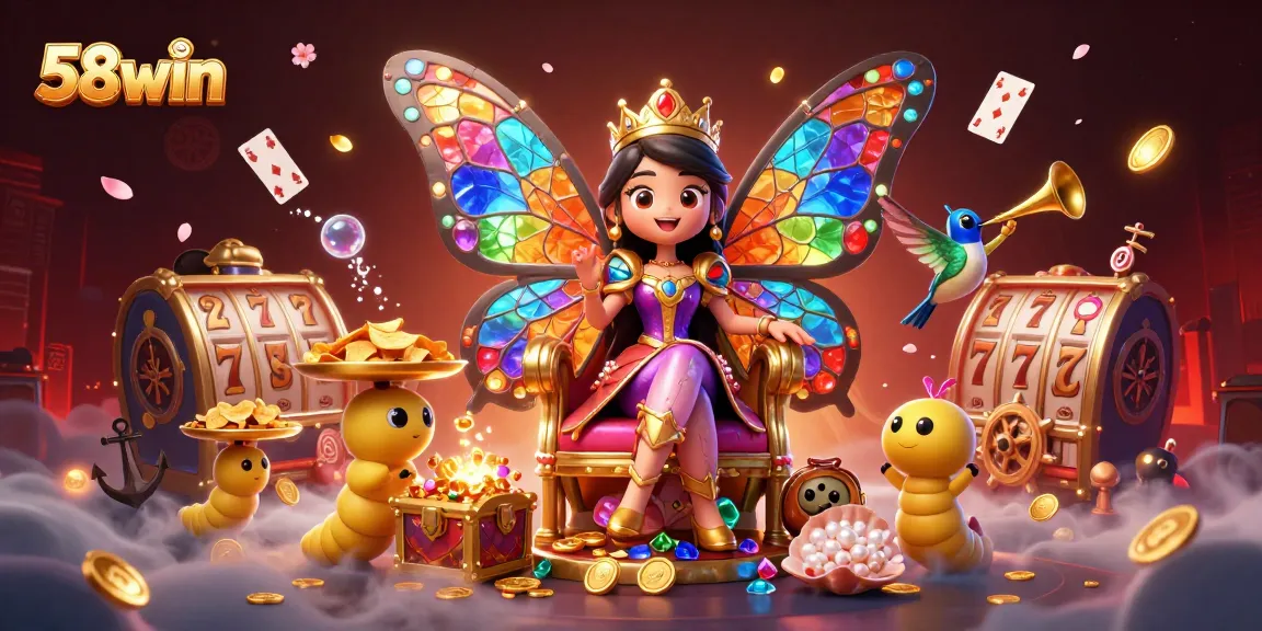 Engage with the vibrant world of 58win featuring a butterfly queen, casino elements, and stunning visuals.