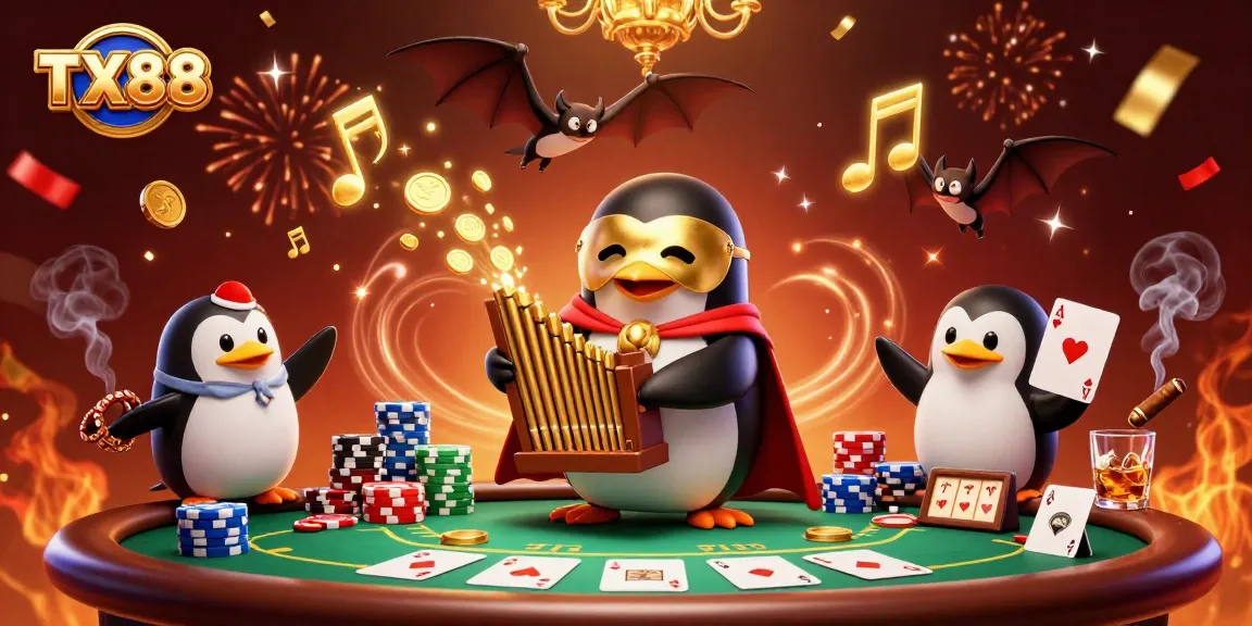 Experience thrilling gaming at TX88 with a 3D penguin playing for wins amidst colorful casino action.