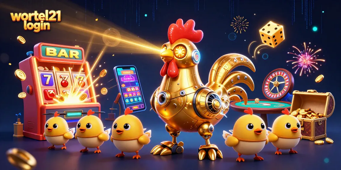 Experience excitement with wortel21 login, featuring a golden rooster robot amidst a jackpot explosion of casino elements.