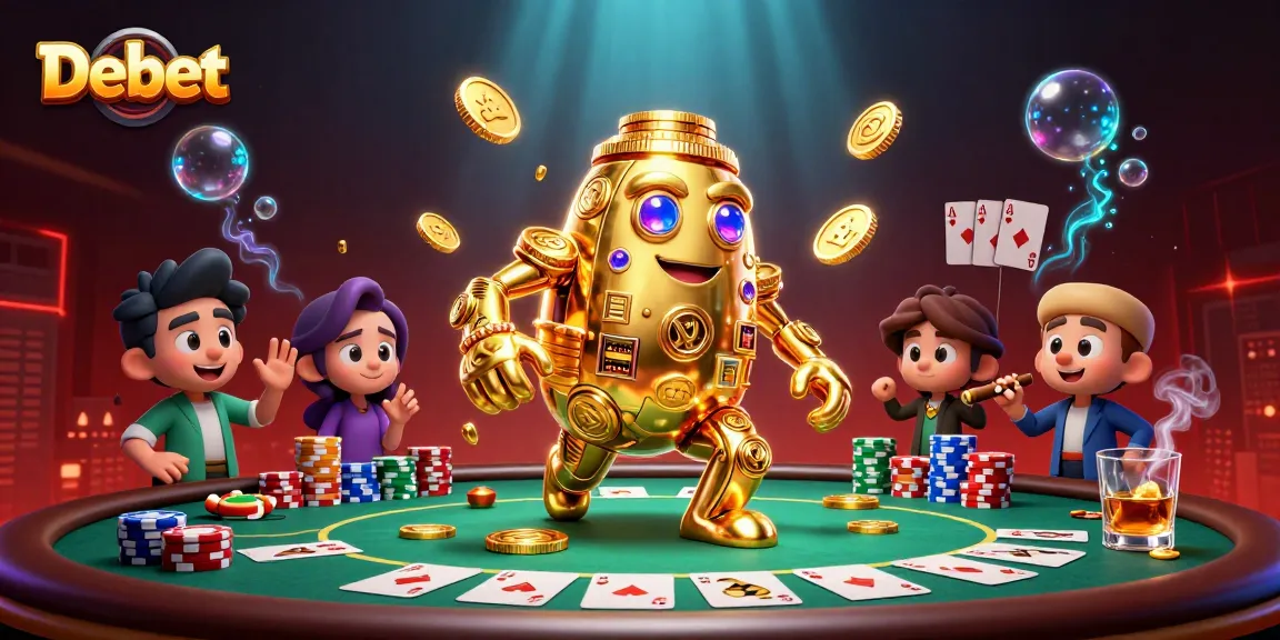 Engage in thrilling poker action with Debet’s dynamic golden golem amidst colorful casino elements.