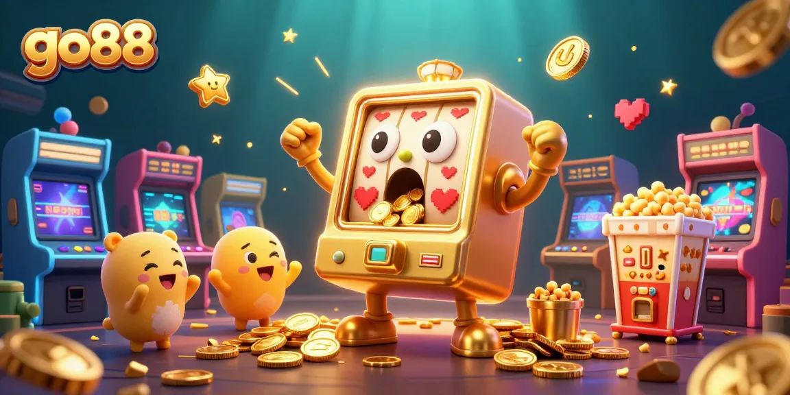 Engage with go88's exciting world of slots, featuring a golden slot machine celebrating a jackpot amidst colorful game elements.