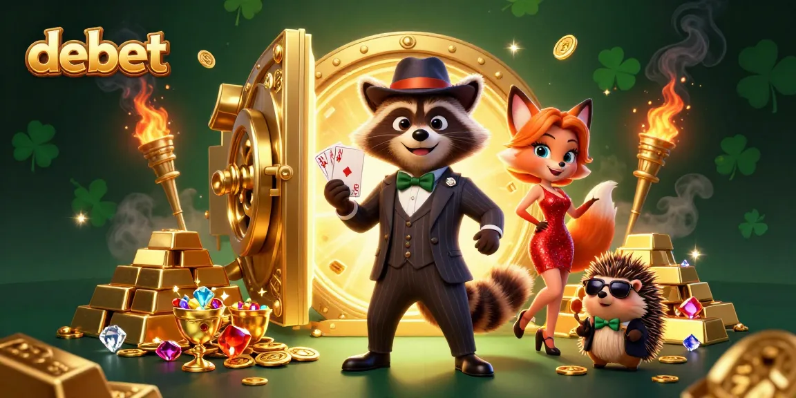 Experience the thrill of debet in this vibrant, casino-themed 3D illustration with raccoon and fox characters.