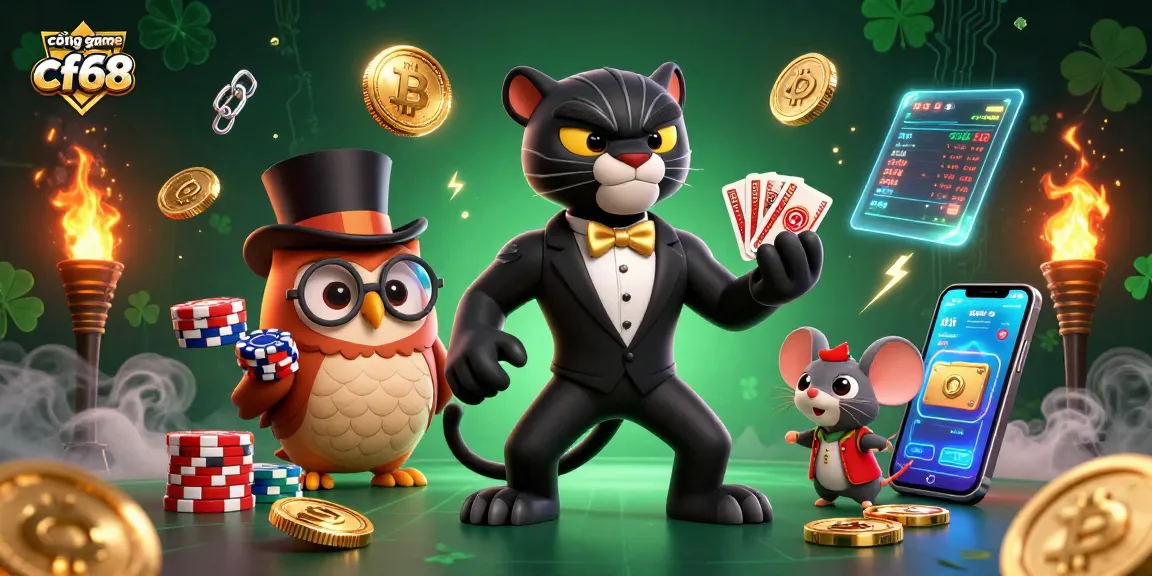 Engage with the cổng game cf68 in a vibrant casino scene featuring a panther dealer, owls with poker chips, and neon crypto coins.