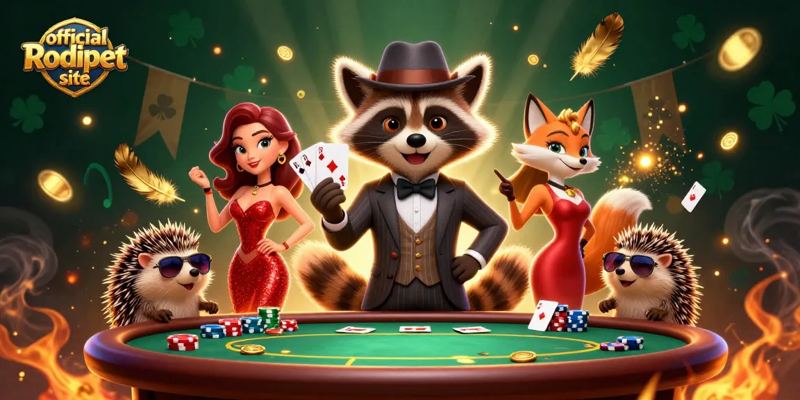 Engage with the vibrant atmosphere at the official Rodipet site poker scene featuring playful animal characters.