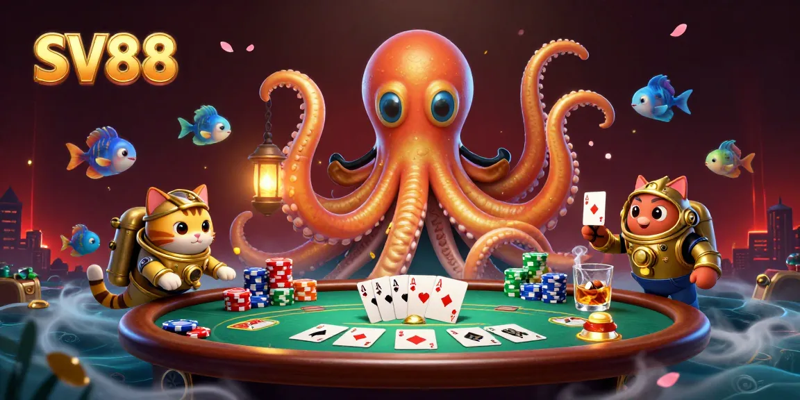 Play poker with SV88, featuring a colossal kraken and diving cat in an underwater casino scene.