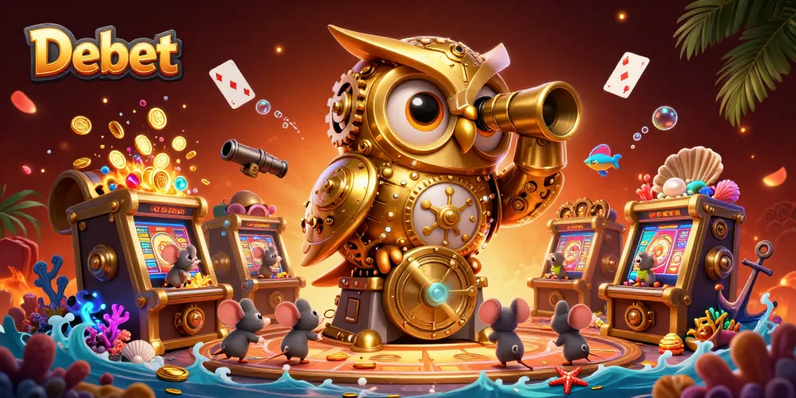 Experience thrilling gaming action with Debet's vibrant casino scene featuring a golden owl and lively elements.