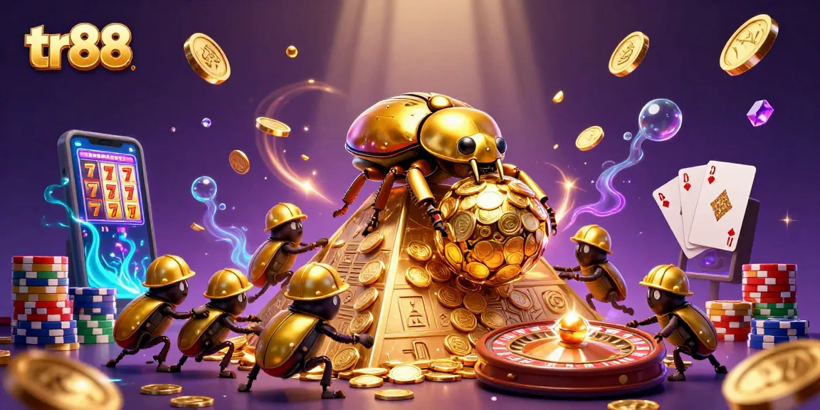 Witness the thrilling action as tr88's golden beetles roll coins amid dazzling casino elements.