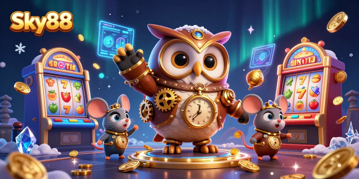 Engage in thrilling gameplay at Sky88 with a colorful 3D cartoon casino scene featuring an owl and slot machines.