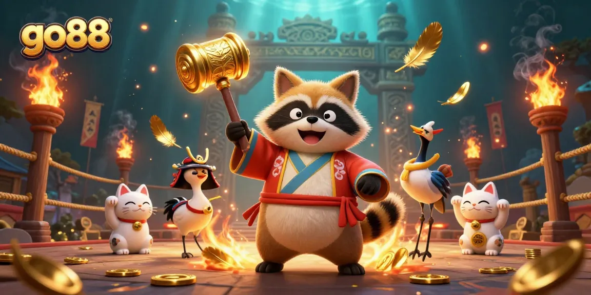 Experience thrilling gaming at go88 with an engaging tanuki, crane, and fortune cats illustration.