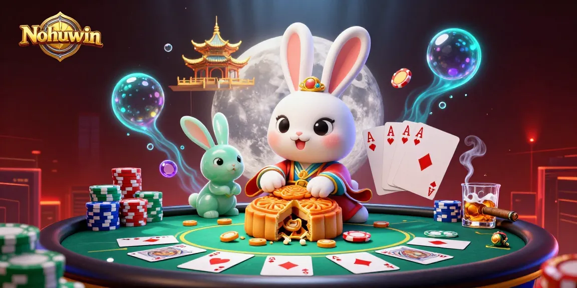 Nohuwin showcases a dynamic scene with a moon rabbit revealing poker chips, amidst vibrant casino elements.