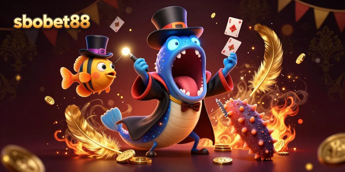 Engage with sbobet88 in a vibrant magical scene of deep-sea creatures performing amazing tricks.