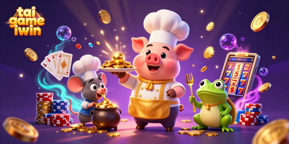 Experience tai game iwin with a vibrant 3D scene featuring a chef pig serving gold coins.