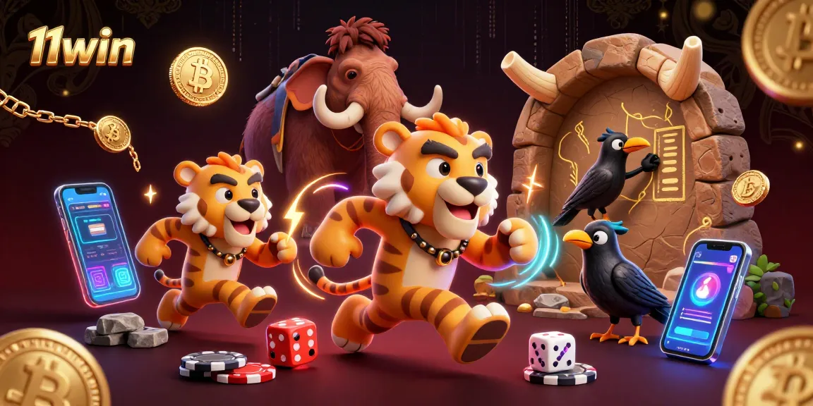 Engage with 11win's vibrant prehistoric casino, showcasing crypto coins and interactive elements.