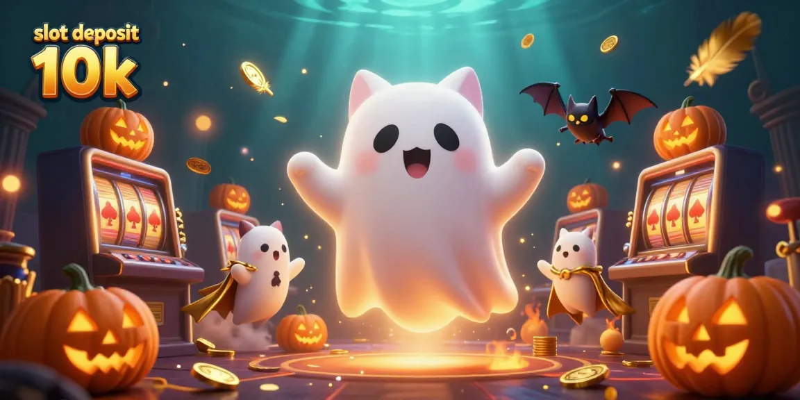 Experience the thrill of slot deposit 10k with a cartoon ghost cat and bat in a dynamic casino scene.