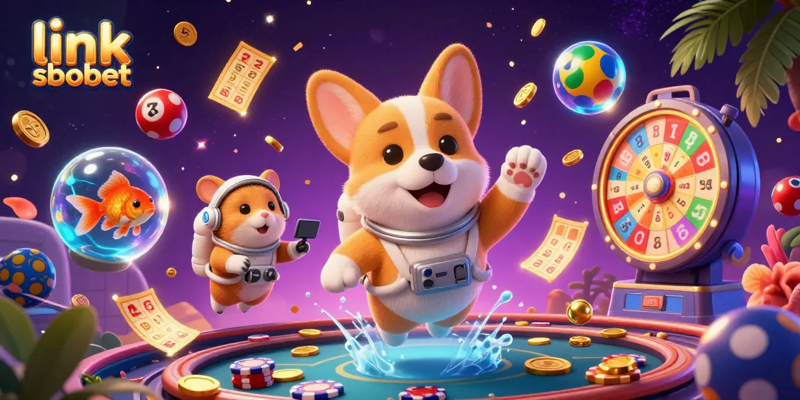 Bet on link sbobet with exciting floating casino elements and characters in a vibrant space scene.